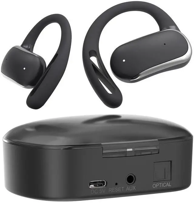 Main image of 2.4GHz Wireless TV Headphones for Seniors, Open-Ear Hook Design for All-Day Comfort, Plug-and-Play (No Bluetooth), Low Latency, 50ft Range, Charging Case Transmitter with Optical & 3.5mm AUX Cables