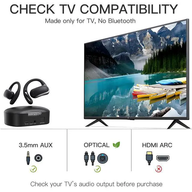Alt view image 3 of 7 - 2.4GHz Wireless TV Headphones for Seniors, Open-Ear Hook Design for All-Day Comfort, Plug-and-Play (No Bluetooth), Low Latency, 50ft Range, Charging Case Transmitter with Optical & 3.5mm AUX Cables