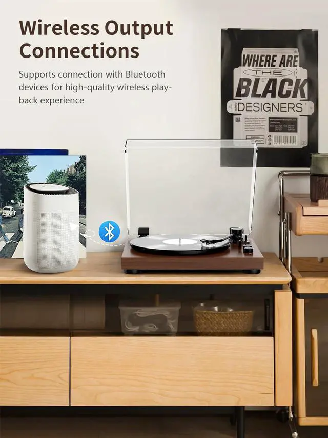 Alt view image 3 of 6 - Vinyl Record Player Belt Drive 2-Speed Playback Turntable Bluetooth Wireless Output Connectivity Record Player with Magnetic Cartridge Built-in Phono Pre-amp