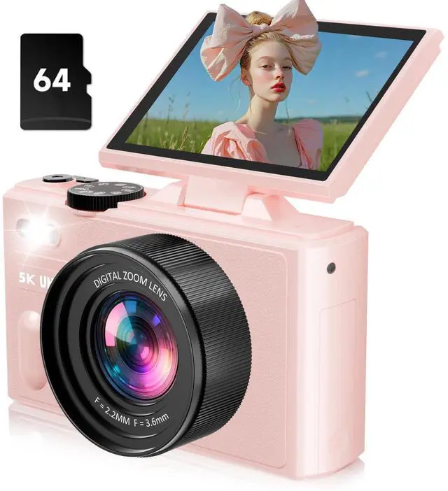 Main image of 5K Cameras for Photography, Pink Digital Camera with 3" 180° Flip Screen with 18X Zoom, 64GB SD Card, Compact Travel Camera for YouTube with Anti-Shake, Vlogging Camera for Teens