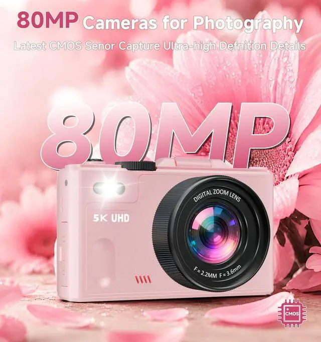 Alt view image 2 of 7 - 5K Cameras for Photography, Pink Digital Camera with 3" 180° Flip Screen with 18X Zoom, 64GB SD Card, Compact Travel Camera for YouTube with Anti-Shake, Vlogging Camera for Teens