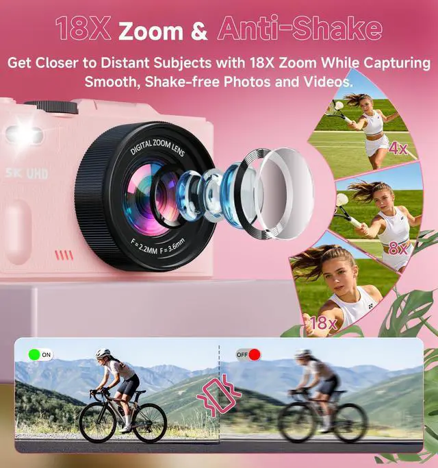 Alt view image 4 of 7 - 5K Cameras for Photography, Pink Digital Camera with 3" 180° Flip Screen with 18X Zoom, 64GB SD Card, Compact Travel Camera for YouTube with Anti-Shake, Vlogging Camera for Teens