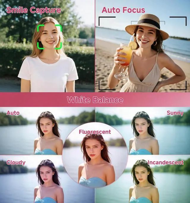 Alt view image 5 of 7 - 5K Cameras for Photography, Pink Digital Camera with 3" 180° Flip Screen with 18X Zoom, 64GB SD Card, Compact Travel Camera for YouTube with Anti-Shake, Vlogging Camera for Teens
