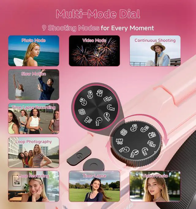 Alt view image 6 of 7 - 5K Cameras for Photography, Pink Digital Camera with 3" 180° Flip Screen with 18X Zoom, 64GB SD Card, Compact Travel Camera for YouTube with Anti-Shake, Vlogging Camera for Teens