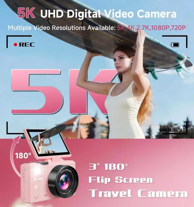 Alt view image 3 of 7 - 5K Cameras for Photography, Pink Digital Camera with 3" 180° Flip Screen with 18X Zoom, 64GB SD Card, Compact Travel Camera for YouTube with Anti-Shake, Vlogging Camera for Teens