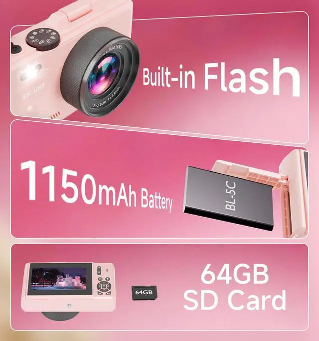 Alt view image 7 of 7 - 5K Cameras for Photography, Pink Digital Camera with 3" 180° Flip Screen with 18X Zoom, 64GB SD Card, Compact Travel Camera for YouTube with Anti-Shake, Vlogging Camera for Teens