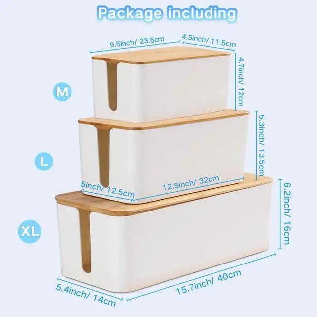 Alt view image 6 of 7 - Cable Management Box Organizer, Set of 3 Bamboo Lid Storage Wires Holder to Cover Hide Surge Protector, Power Strips & Cords- with 5 Cables Fastening Tapes for Home, Office, Desk, PC, TV, USB Hub