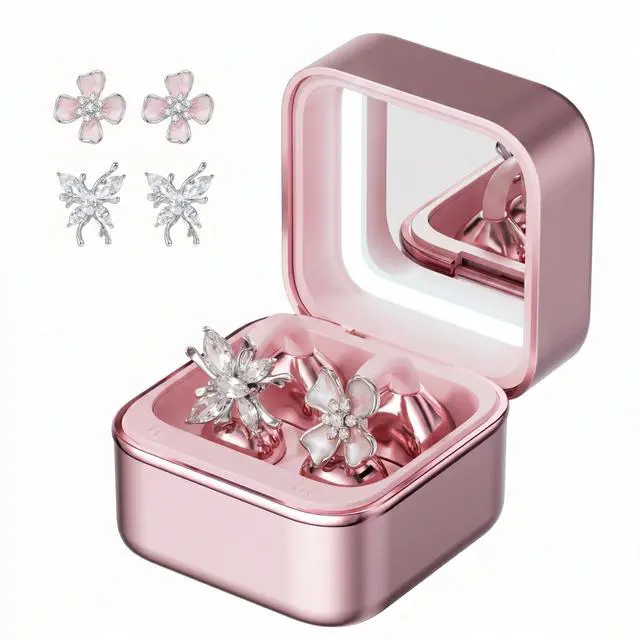 Main image of Wireless Earbuds with LED Makeup Mirror Case, Bluetooth 6.0 Open Ear Clip-On Headphones, Cute Pink Air Conduction Earphones for Women, Low Latency, Secure Fit for Running & Travel (Earring Pink)