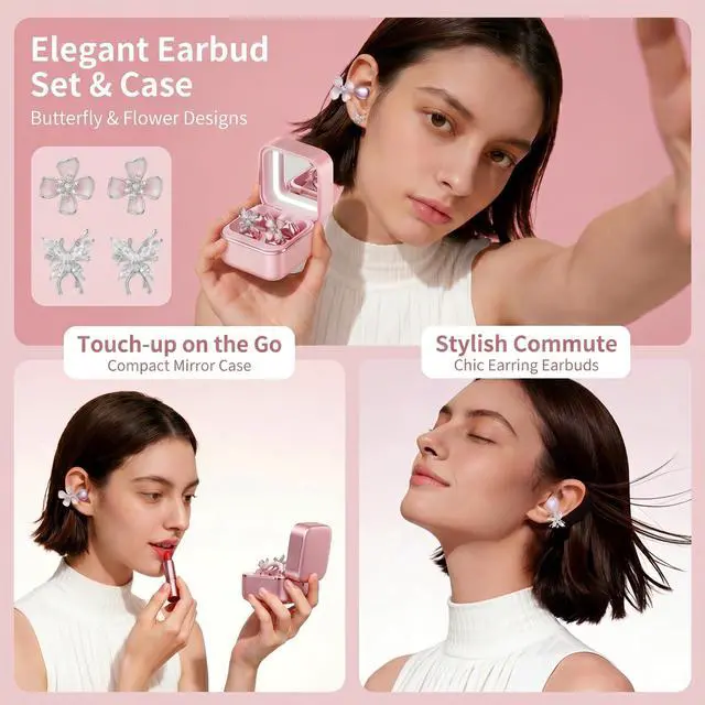 Alt view image 3 of 7 - Wireless Earbuds with LED Makeup Mirror Case, Bluetooth 6.0 Open Ear Clip-On Headphones, Cute Pink Air Conduction Earphones for Women, Low Latency, Secure Fit for Running & Travel (Earring Pink)