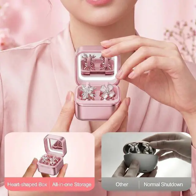 Alt view image 4 of 7 - Wireless Earbuds with LED Makeup Mirror Case, Bluetooth 6.0 Open Ear Clip-On Headphones, Cute Pink Air Conduction Earphones for Women, Low Latency, Secure Fit for Running & Travel (Earring Pink)