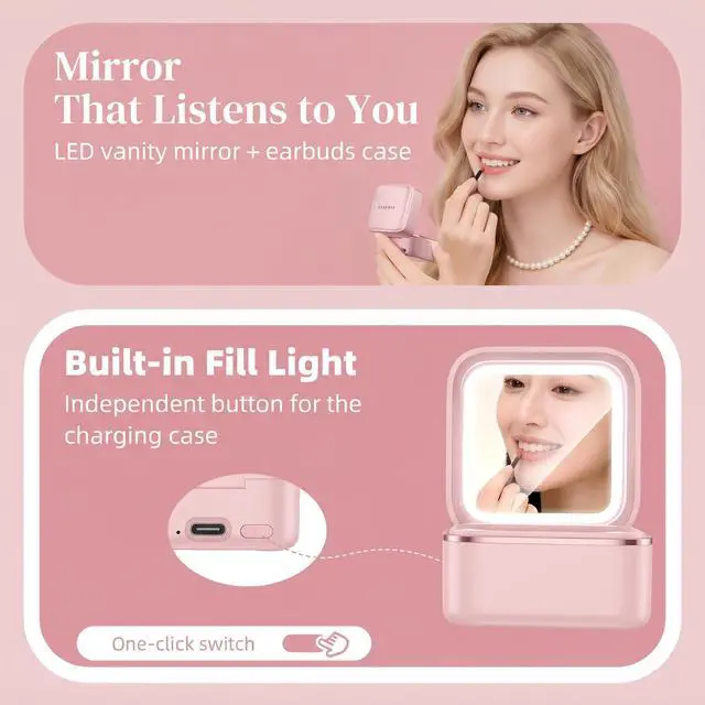 Alt view image 5 of 7 - Wireless Earbuds with LED Makeup Mirror Case, Bluetooth 6.0 Open Ear Clip-On Headphones, Cute Pink Air Conduction Earphones for Women, Low Latency, Secure Fit for Running & Travel (Earring Pink)