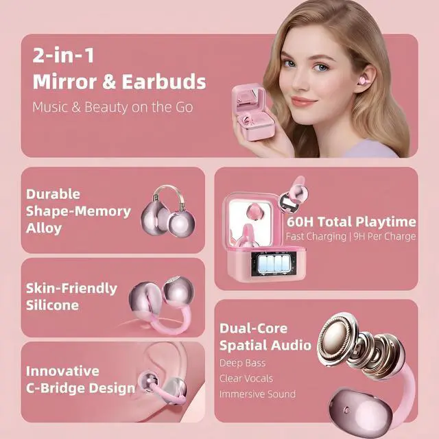 Alt view image 7 of 7 - Wireless Earbuds with LED Makeup Mirror Case, Bluetooth 6.0 Open Ear Clip-On Headphones, Cute Pink Air Conduction Earphones for Women, Low Latency, Secure Fit for Running & Travel (Earring Pink)