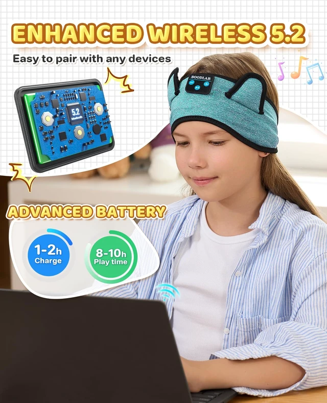 Alt view image 3 of 7 - Kids Bluetooth Headband Headphones - Wireless & Wired 3.5mm Jack, Thin Speakers, Adjustable Comfort Fit, Perfect for Toddlers & Children - Home, School & Travel Essentials