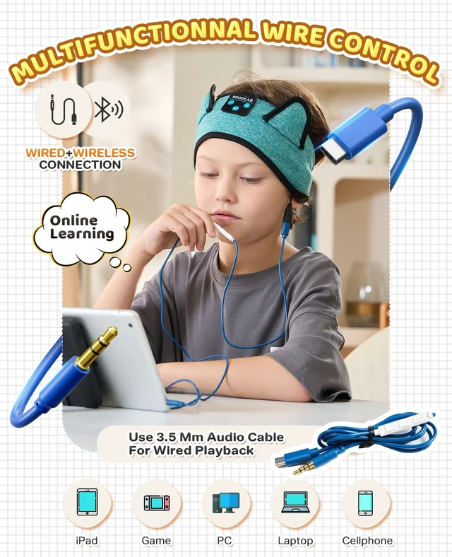 Alt view image 5 of 7 - Kids Bluetooth Headband Headphones - Wireless & Wired 3.5mm Jack, Thin Speakers, Adjustable Comfort Fit, Perfect for Toddlers & Children - Home, School & Travel Essentials
