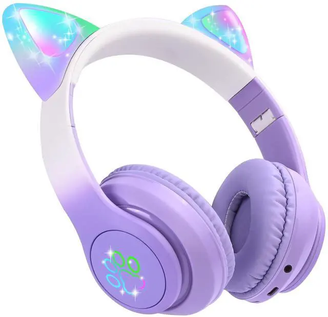 Main image of Kids Wireless Headphones LED Light up Cat Bluetooth Headphones, Color Changing Cat Ear Wireless Headsets with Microphone for Kids/Girls/School/Christmas (Purple Pro)