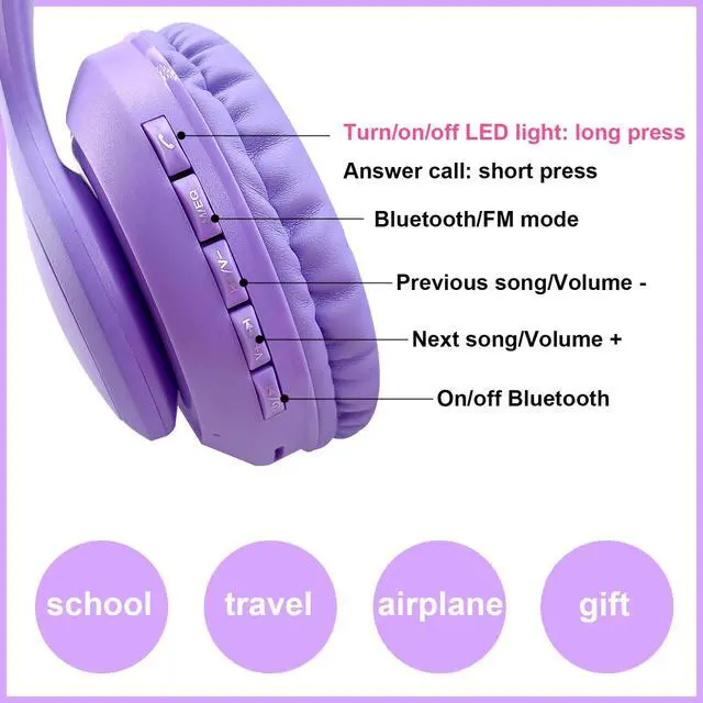 Alt view image 2 of 6 - Kids Wireless Headphones LED Light up Cat Bluetooth Headphones, Color Changing Cat Ear Wireless Headsets with Microphone for Kids/Girls/School/Christmas (Purple Pro)