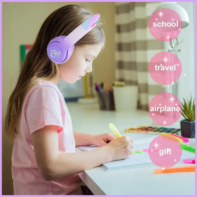 Alt view image 3 of 6 - Kids Wireless Headphones LED Light up Cat Bluetooth Headphones, Color Changing Cat Ear Wireless Headsets with Microphone for Kids/Girls/School/Christmas (Purple Pro)