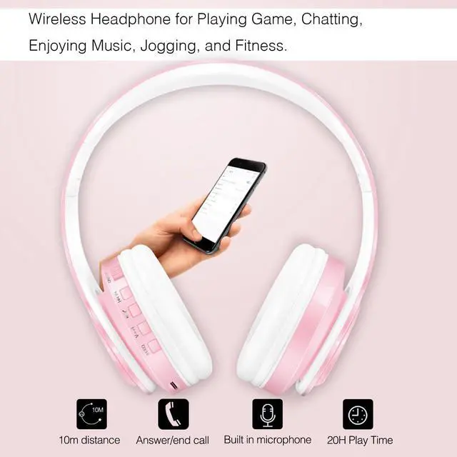 Alt view image 3 of 7 - V5.3 Bluetooth Headphones Over-Ear, Foldable Wireless and Wired Stereo Headset Micro SD/TF, FM for Cell Phone,PC,Soft Earmuffs &Light Weight for Prolonged Wearing (Pink)