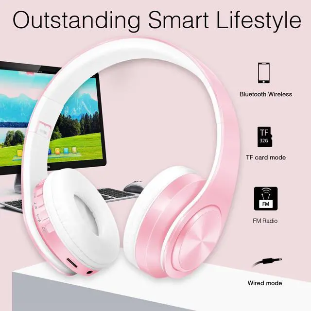 Alt view image 2 of 7 - V5.3 Bluetooth Headphones Over-Ear, Foldable Wireless and Wired Stereo Headset Micro SD/TF, FM for Cell Phone,PC,Soft Earmuffs &Light Weight for Prolonged Wearing (Pink)