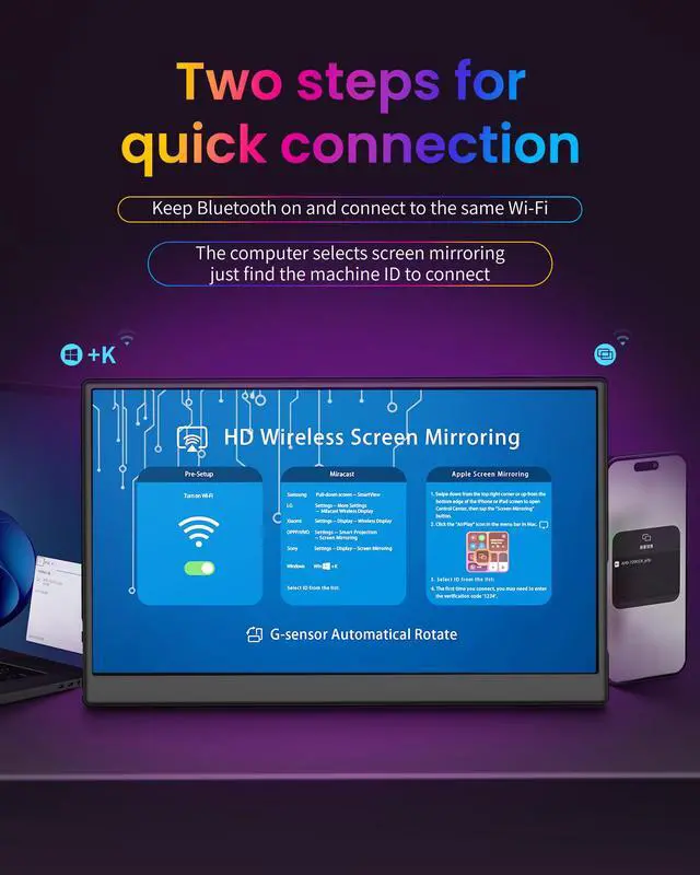 Alt view image 3 of 7 - Wireless Monitor,1080P IPS Slim Portable Monitor Support AirPlay Miracast | Wireless Portable Monitor with USB-C HDMI /VESA/Sleeve, 15.6 inch Portable Monitor for Laptop/ PS4/5/Switch/Mac /Phone/Xbox