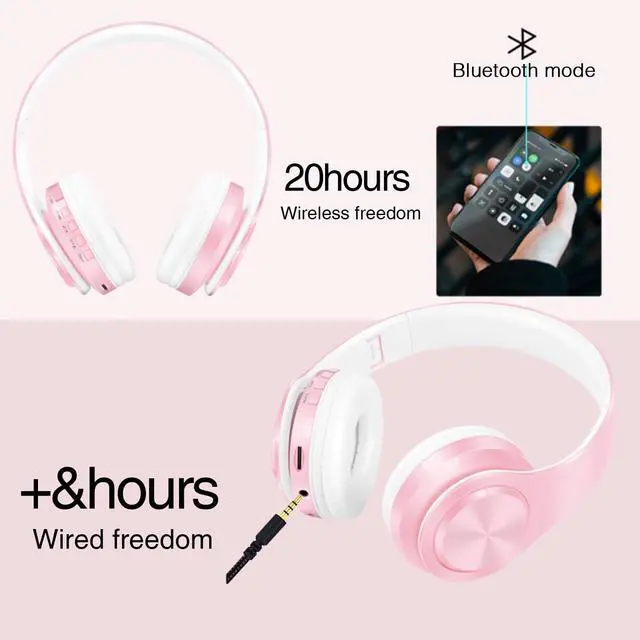 Alt view image 5 of 7 - V5.3 Bluetooth Headphones Over-Ear, Foldable Wireless and Wired Stereo Headset Micro SD/TF, FM for Cell Phone,PC,Soft Earmuffs &Light Weight for Prolonged Wearing (Pink)