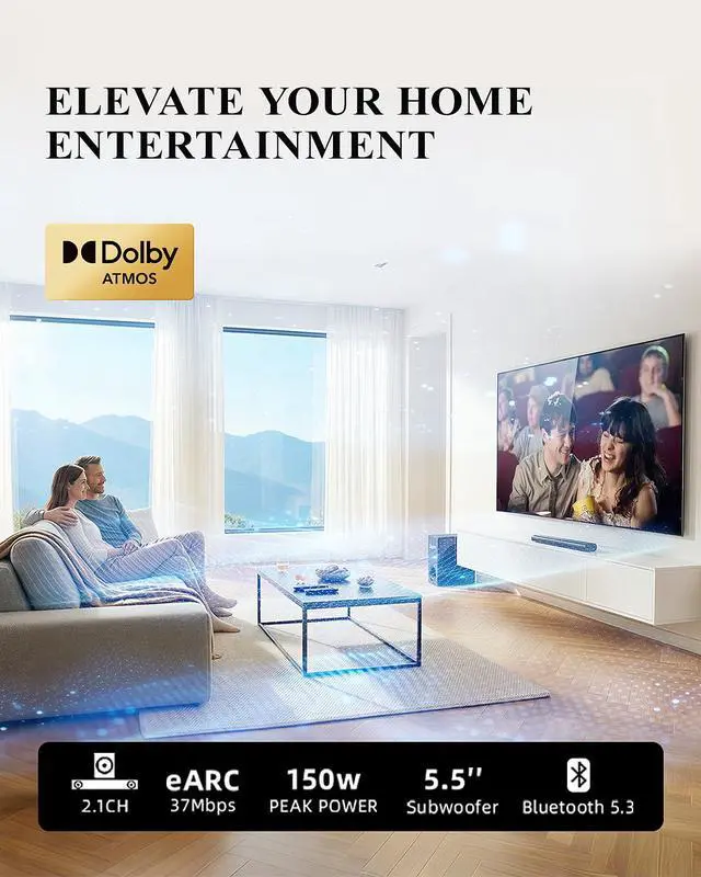 Alt view image 2 of 7 - 2.1 Dolby Atmos Soundbar with Subwoofer for Smart TV, Dolby Atmos Sound Bar for TV, Surround Sound System for TV, 150W TV Speakers for Smart TV, Bluetooth eARC/Opt/AUX