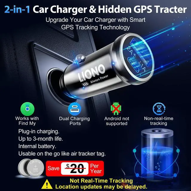 Alt view image 2 of 7 - Car GPS Tracker & Charger with Built-in Rechargeable Battery | Hidden Car Tracker for Anti-Theft & Parking Location, for Family& Fleets, No Monthly Fee, No SIM, iOS Only