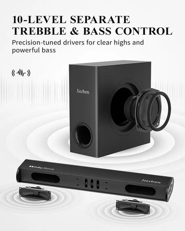 Alt view image 7 of 7 - 2.1 Dolby Atmos Soundbar with Subwoofer for Smart TV, Dolby Atmos Sound Bar for TV, Surround Sound System for TV, 150W TV Speakers for Smart TV, Bluetooth eARC/Opt/AUX