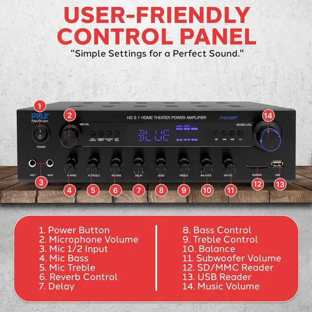 Alt view image 2 of 7 - 400w Home Entertainment Amplifier with Bluetooth - Karaoke Optimized with Dual Mic Inputs with Reverb and Delay, Hi Def in and Out for Home Theater, USB-A Input, SD Card, FM Radio - PHDA6BT