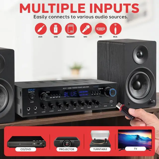 Alt view image 6 of 7 - 400w Home Entertainment Amplifier with Bluetooth - Karaoke Optimized with Dual Mic Inputs with Reverb and Delay, Hi Def in and Out for Home Theater, USB-A Input, SD Card, FM Radio - PHDA6BT