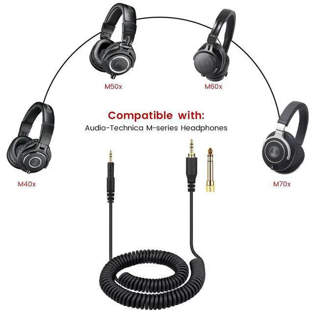 Alt view image 2 of 7 - ATH-M50x Cable Coiled Aux Cord for Audio Technica M40x M70x Wired Headphone | 2.5mm to 3.5mm(1/8") Extension Wire with 6.35mm(1/4") Adapter, 14ft