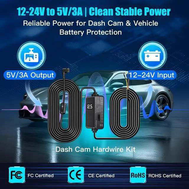 Alt view image 2 of 7 - USB-C Dash Cam Hardwire Kit with Acc Detection, LED Display, 4-Level Adjustable Low Volt Protection(11.6V/23.4V Auto-Cutoff), 12V-24V to 5V/3A Adapter, 3-Lead Cable for Recorder 24/7 Parking Mode