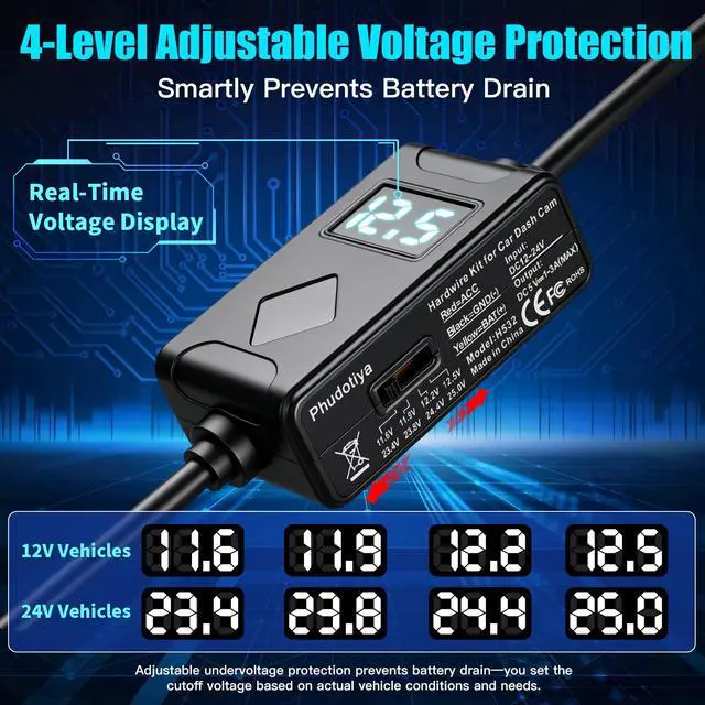 Alt view image 4 of 7 - USB-C Dash Cam Hardwire Kit with Acc Detection, LED Display, 4-Level Adjustable Low Volt Protection(11.6V/23.4V Auto-Cutoff), 12V-24V to 5V/3A Adapter, 3-Lead Cable for Recorder 24/7 Parking Mode