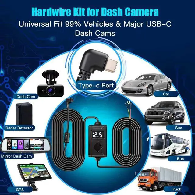 Alt view image 5 of 7 - USB-C Dash Cam Hardwire Kit with Acc Detection, LED Display, 4-Level Adjustable Low Volt Protection(11.6V/23.4V Auto-Cutoff), 12V-24V to 5V/3A Adapter, 3-Lead Cable for Recorder 24/7 Parking Mode