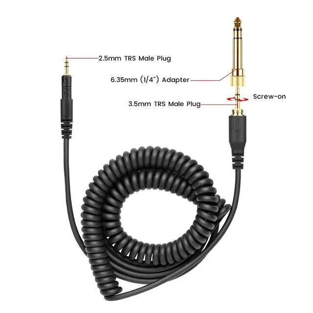 Alt view image 7 of 7 - ATH-M50x Cable Coiled Aux Cord for Audio Technica M40x M70x Wired Headphone | 2.5mm to 3.5mm(1/8") Extension Wire with 6.35mm(1/4") Adapter, 14ft