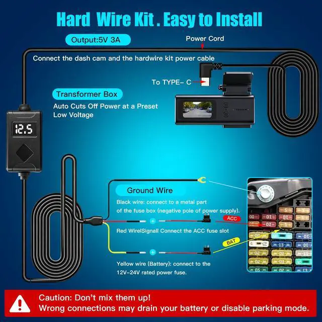 Alt view image 7 of 7 - USB-C Dash Cam Hardwire Kit with Acc Detection, LED Display, 4-Level Adjustable Low Volt Protection(11.6V/23.4V Auto-Cutoff), 12V-24V to 5V/3A Adapter, 3-Lead Cable for Recorder 24/7 Parking Mode