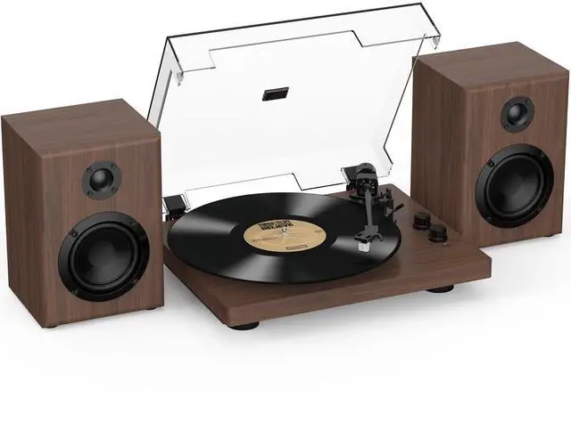 Main image of Vinyl Record Player with 24W Bookshelf Speakers, HiFi System Turntable for Viny Records, Vintage Vinyl Player with Magnetic Cartridge, BT in&Out, RCA Out, Auto Stop, 33/45RPM (Brown)