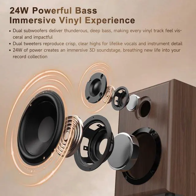Alt view image 4 of 7 - Vinyl Record Player with 24W Bookshelf Speakers, HiFi System Turntable for Viny Records, Vintage Vinyl Player with Magnetic Cartridge, BT in&Out, RCA Out, Auto Stop, 33/45RPM (Brown)