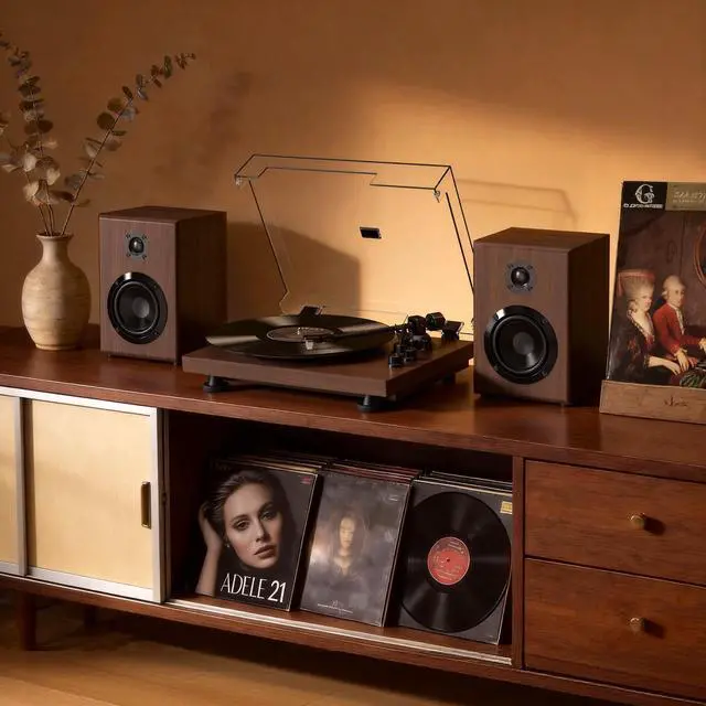 Alt view image 6 of 7 - Vinyl Record Player with 24W Bookshelf Speakers, HiFi System Turntable for Viny Records, Vintage Vinyl Player with Magnetic Cartridge, BT in&Out, RCA Out, Auto Stop, 33/45RPM (Brown)