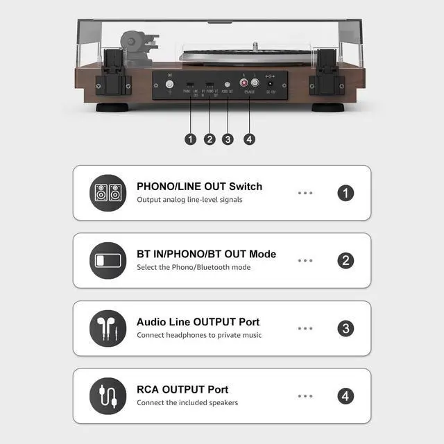 Alt view image 7 of 7 - Vinyl Record Player with 24W Bookshelf Speakers, HiFi System Turntable for Viny Records, Vintage Vinyl Player with Magnetic Cartridge, BT in&Out, RCA Out, Auto Stop, 33/45RPM (Brown)