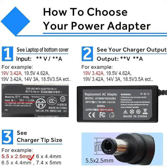 Alt view image 2 of 7 - 65W 19V 3.42A Laptop Charger for Toshiba Satellite C55 C55T C655 Power Cord | C55D C655D C675 C855 C855D L55 L655 L675 L745 L755 L775D L855 P755 P845T P855 P875 Portege Z30 Z930 Z830 Power Supply Cord