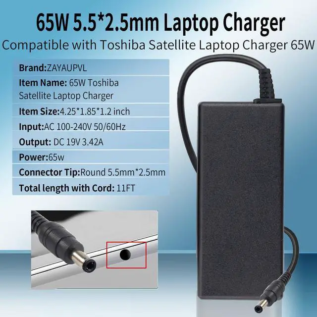 Alt view image 3 of 7 - 65W 19V 3.42A Laptop Charger for Toshiba Satellite C55 C55T C655 Power Cord | C55D C655D C675 C855 C855D L55 L655 L675 L745 L755 L775D L855 P755 P845T P855 P875 Portege Z30 Z930 Z830 Power Supply Cord