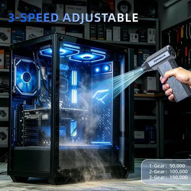 Alt view image 3 of 7 - Cordless Compressed Air Duster, 150000RPM Super Power Electric Air Duster, 3-Gear Adjustable Mini Air Blower for Computer, Keyboard, Outdoor, House and Car Cleaning (Silvery)