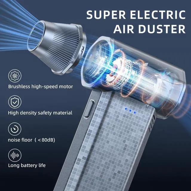 Alt view image 6 of 7 - Cordless Compressed Air Duster, 150000RPM Super Power Electric Air Duster, 3-Gear Adjustable Mini Air Blower for Computer, Keyboard, Outdoor, House and Car Cleaning (Silvery)