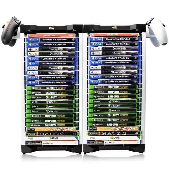 Alt view image 2 of 7 - Universal Game Holder 46 Game Storage Tower Rack for PS2 PS3 PS4 PS5 PSP Xbox 360 Xbox One Series X Wii Switch Games DVD and Blu-Ray Disks. Includes 2 Controller Mounts (White)