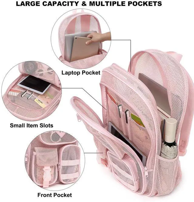 Alt view image 3 of 6 - Light Pink Mesh Backpack for Girls Boys, Heavy Duty School Bookbag Womens Semi-Transparent Net Back Pack for Work Travel Beach