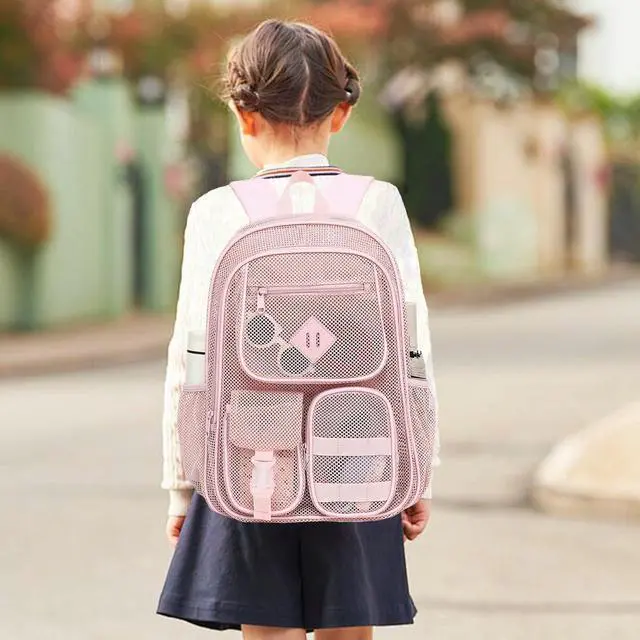 Alt view image 2 of 6 - Light Pink Mesh Backpack for Girls Boys, Heavy Duty School Bookbag Womens Semi-Transparent Net Back Pack for Work Travel Beach