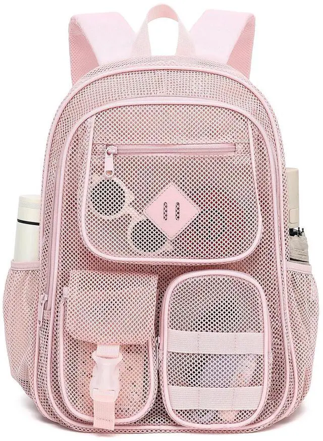 Main image of Light Pink Mesh Backpack for Girls Boys, Heavy Duty School Bookbag Womens Semi-Transparent Net Back Pack for Work Travel Beach