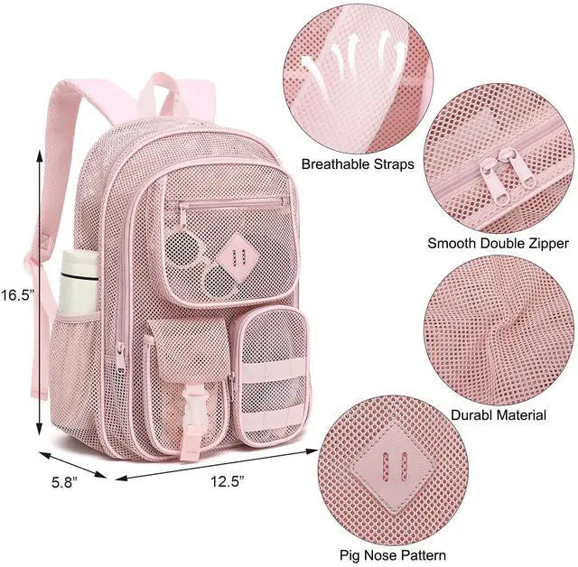 Alt view image 6 of 6 - Light Pink Mesh Backpack for Girls Boys, Heavy Duty School Bookbag Womens Semi-Transparent Net Back Pack for Work Travel Beach