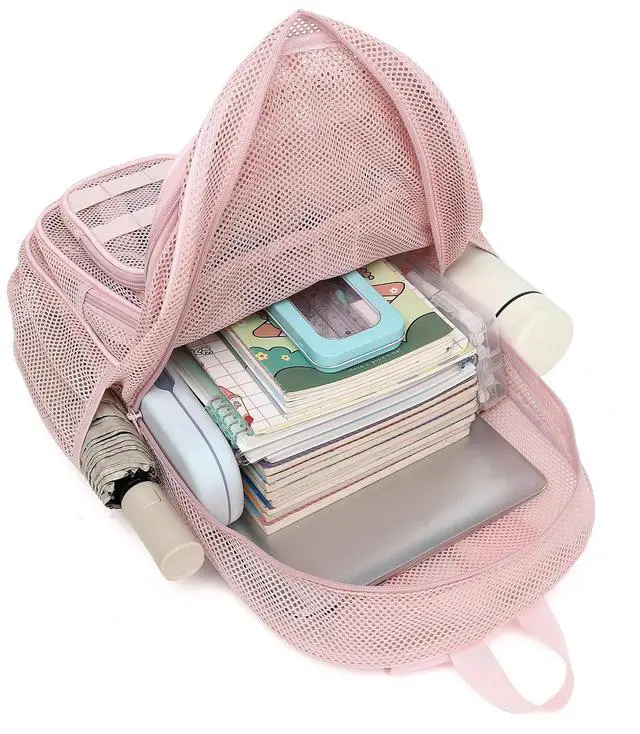 Alt view image 4 of 6 - Light Pink Mesh Backpack for Girls Boys, Heavy Duty School Bookbag Womens Semi-Transparent Net Back Pack for Work Travel Beach